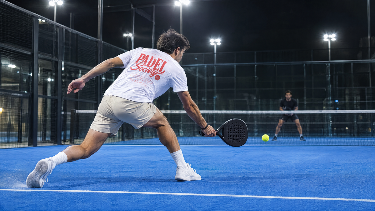 Padel-Spieler im weißen Padel Society Shirt auf dem Court