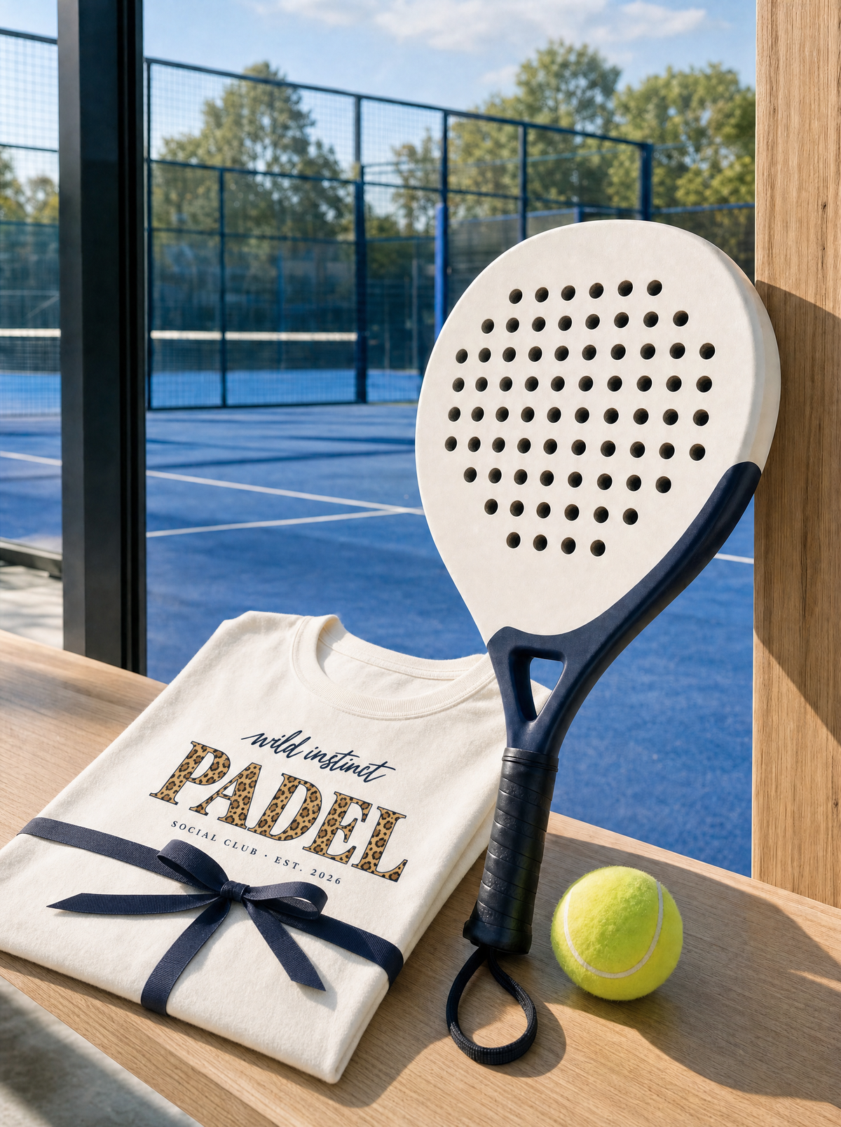Gefaltetes cremefarbenes Shirt mit schmalem Band auf der Bank neben dem Padel-Court