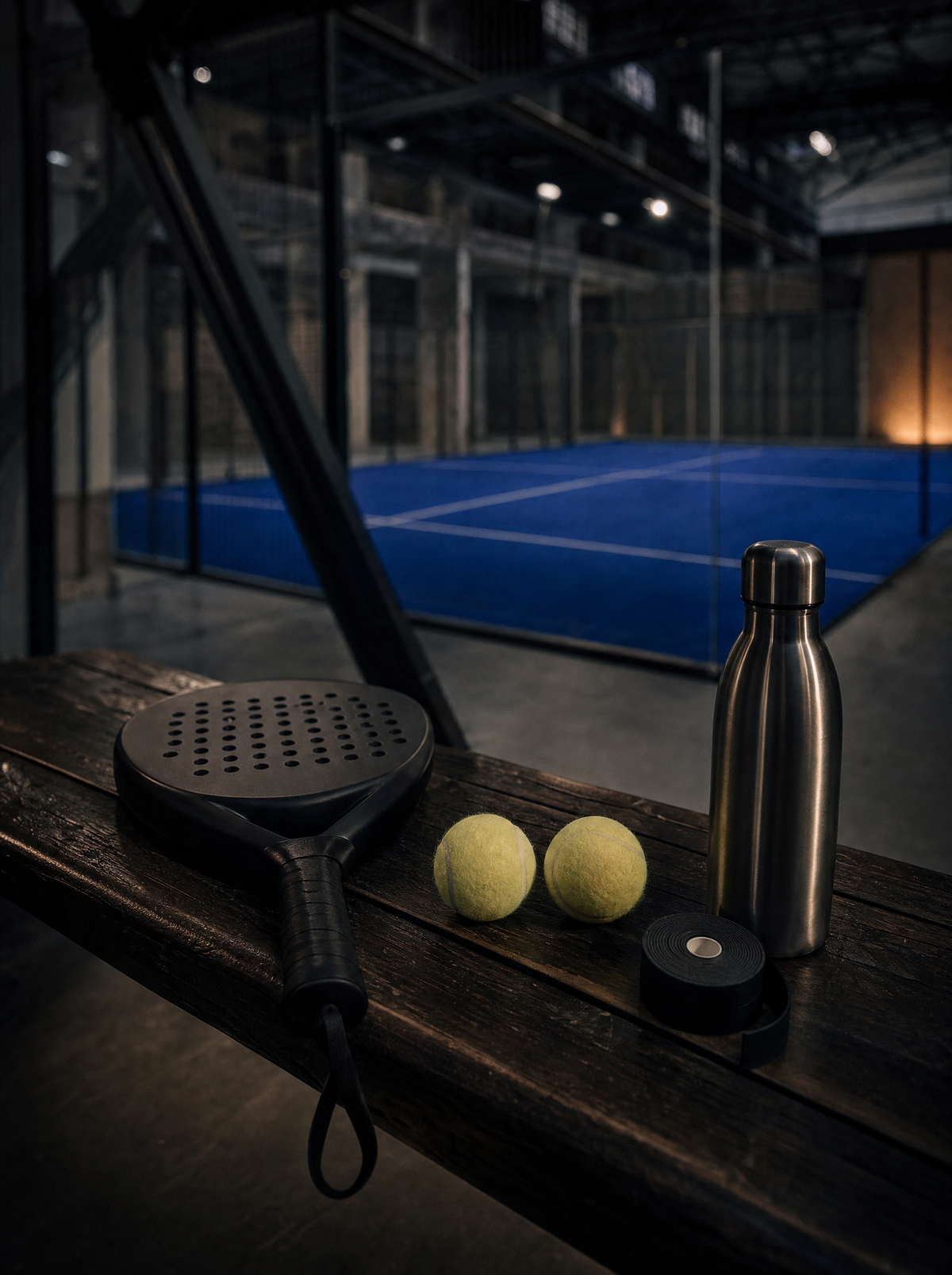 Padelschläger, Bälle, Trinkflasche und Griffband auf einer Holzbank vor einem Hallencourt